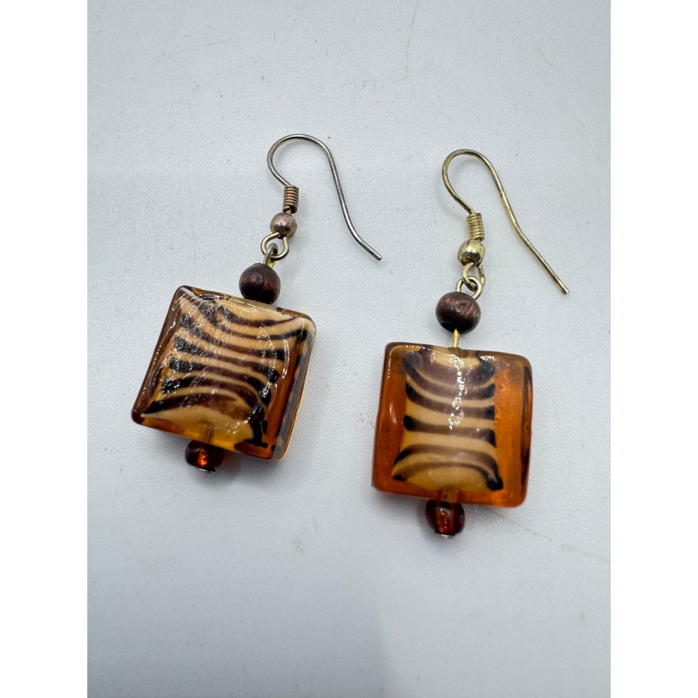 Handmade Amber Zebra Stripe Glass Square Drop Earrings Wood Bead Boho Brown